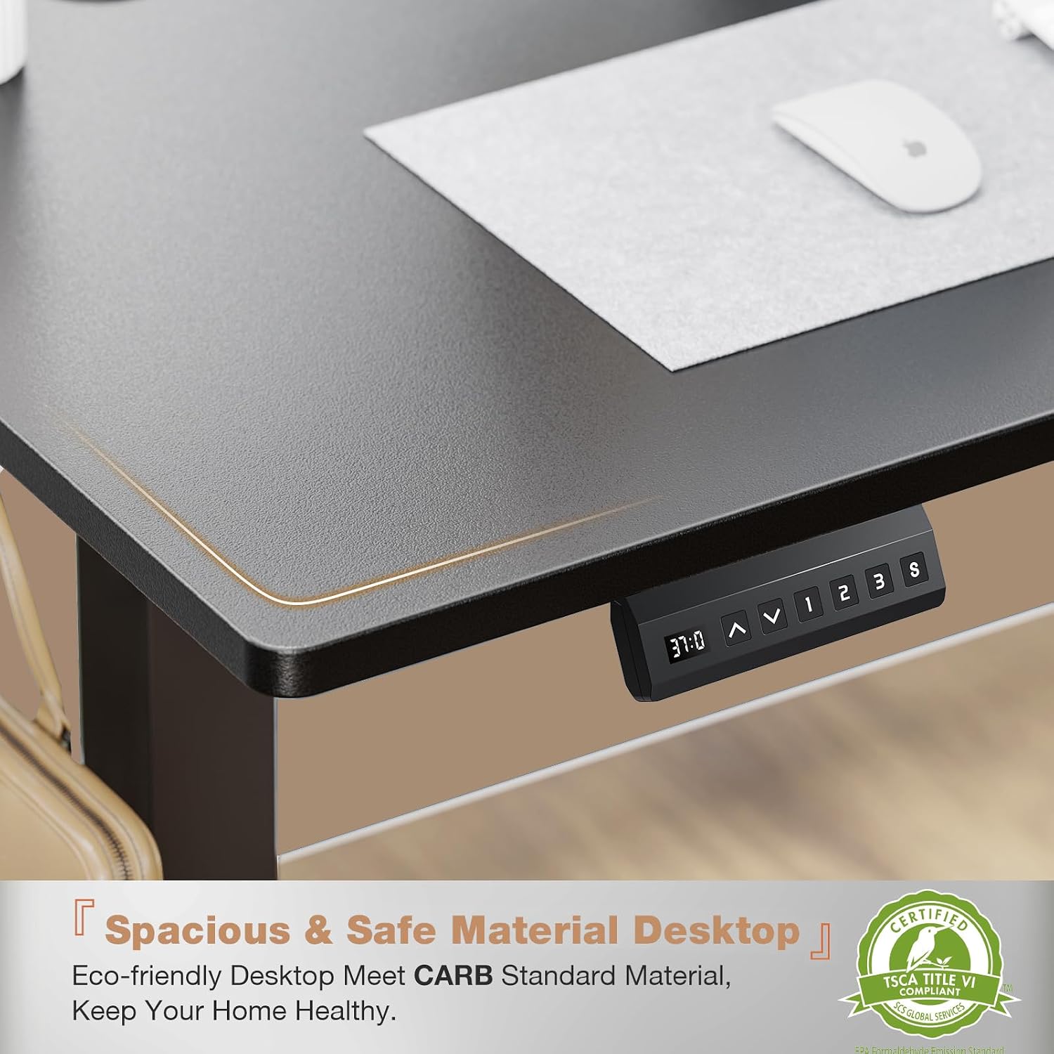 Image showing the spacious and eco-friendly desktop material of the edx Electric Adjustable Height Desk, certified to meet CARB standards.