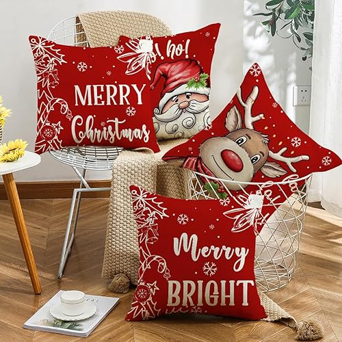 Miniatura 3 de Juego de 4 fundas de almohada navideñas de 18 x 18 pulgadas, diseño de muñeco de nieve, renos, fundas de cojín decorativas de invierno para sofá,