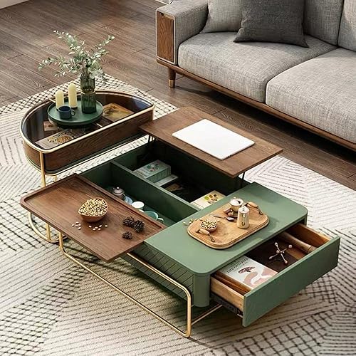 Wood Coffee Table with Hidden Compartment and Storage Drawer, Lift Nesting Coffee Table Dining Table for Home Living Room, Office, Tempered Glass Top Side Table, 39.37'', Green