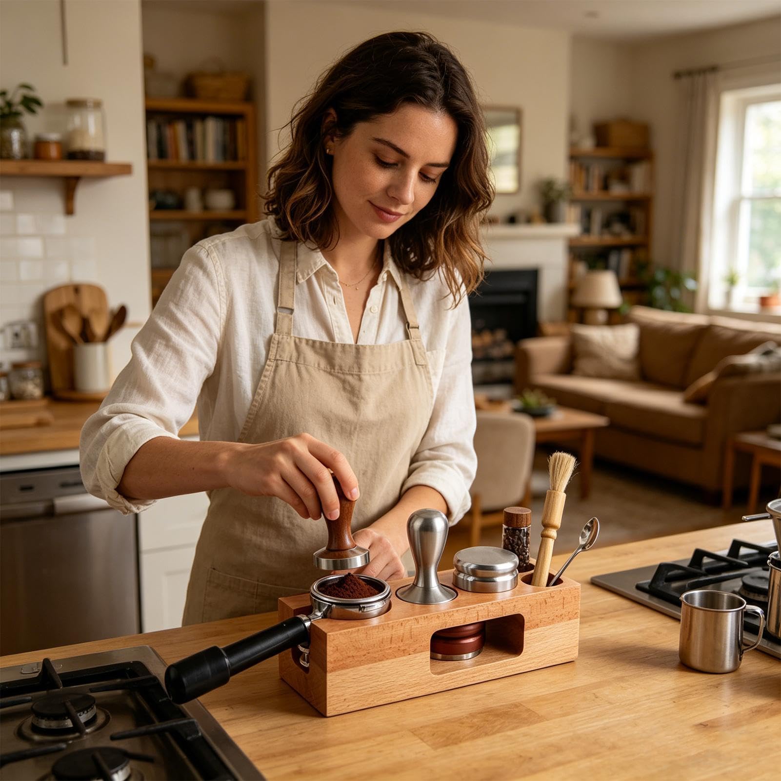 Uchwyt na tamper do espresso 58 mm drewniany naturalny wielofunkcyjny | Organizer na Akcesoria do Kawy do kawiarni domu kuchni blatu kącika kawowego porannego codziennego parzenia przech