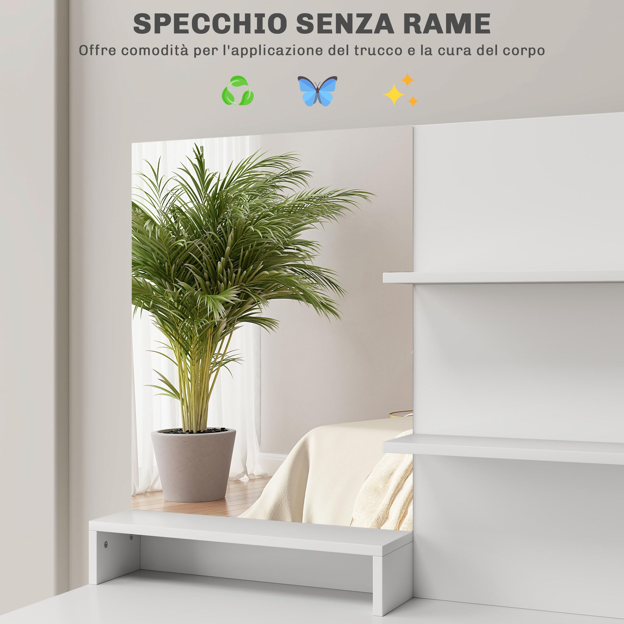 HOMCOM Toeletta Trucco con Specchio e Sgabello con Cassetto Bianco | Postazione Trucco, Armadietto e Ripiani in Legno
