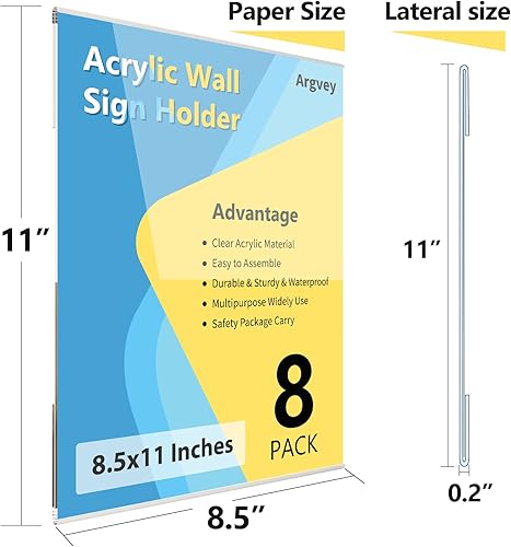 Miniatura 3 de Paquete de 8 soportes acrílicos para letreros de 8.5 x 11 pulgadas, soporte de pared de plástico transparente con cinta 3M, exhibición de folletos