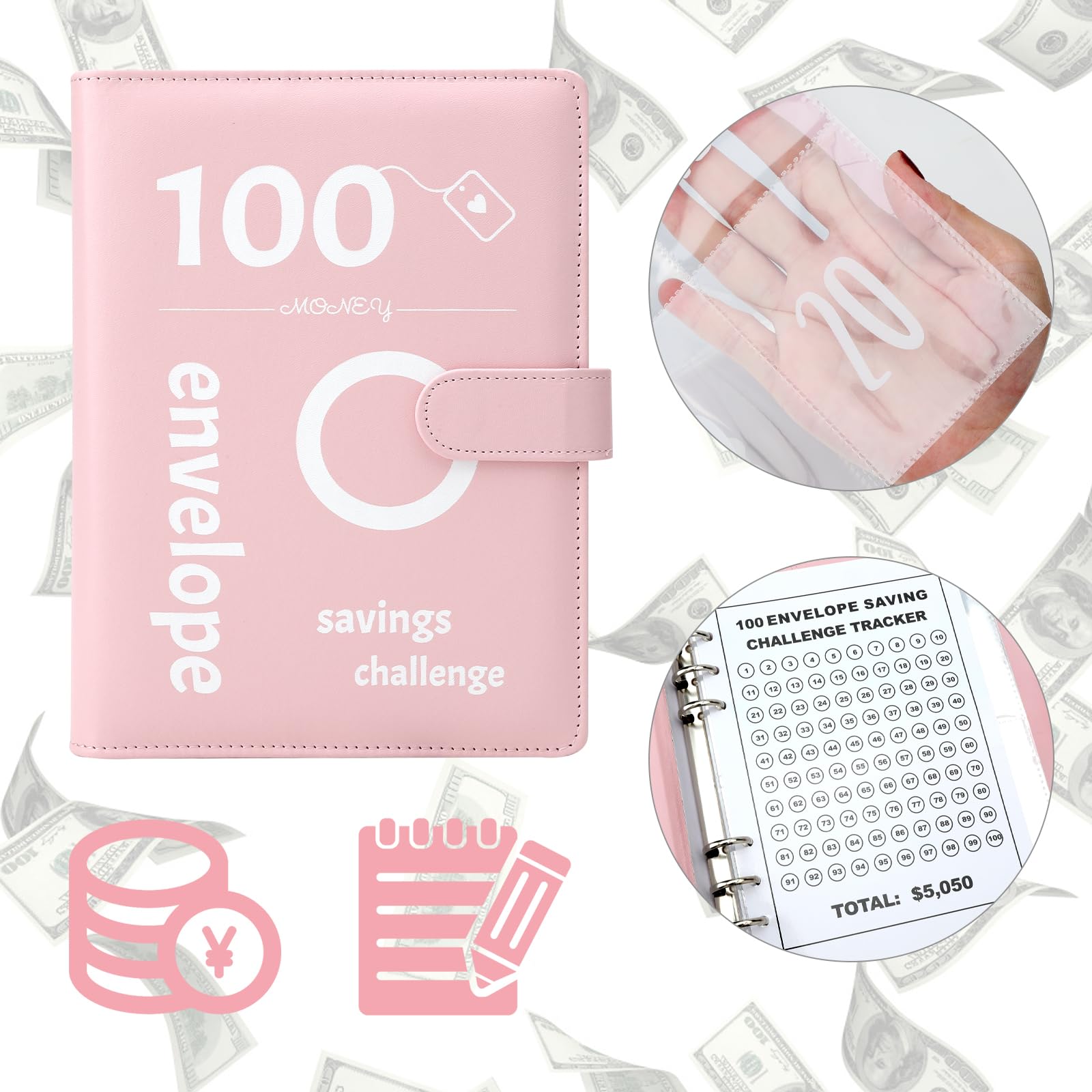 100 segregatorów Envelope Challenge, zabawny segregator do budżetu, do oszczędzania 5,050 €, z kopertami na pieniądze, wyzwanie oszczędnościowe dla planera budżetu (różowe)