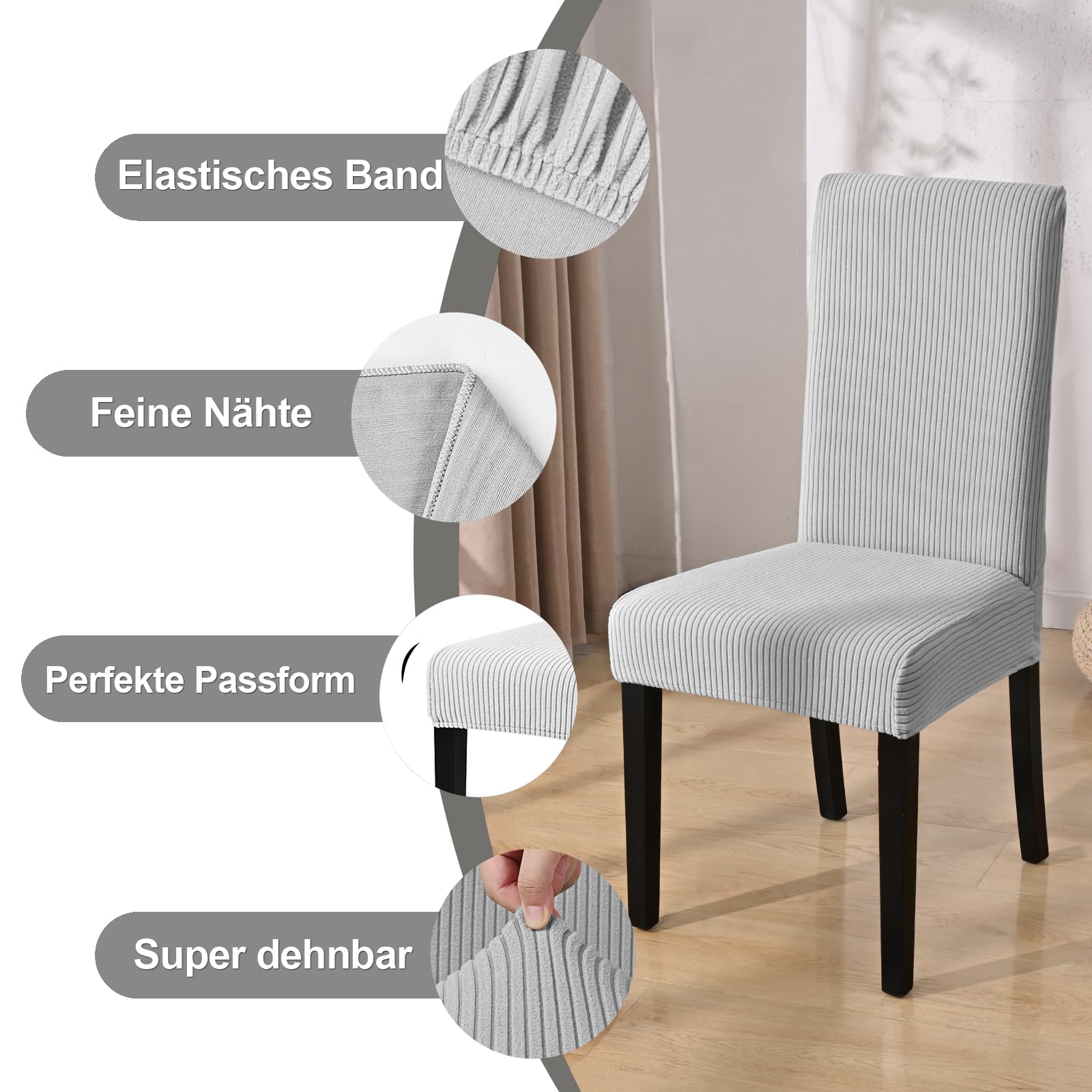 Alishomtll Stretch Stuhlhussen Kurzflor Stuhlbezug 6er Set Hellgrau | Universal Streifen Stuhlhussen, Elastisch Abnehmbar Stuhlbezug, Waschbarer Stühle Schutz für Küche Esszimmer Hotel Bankett