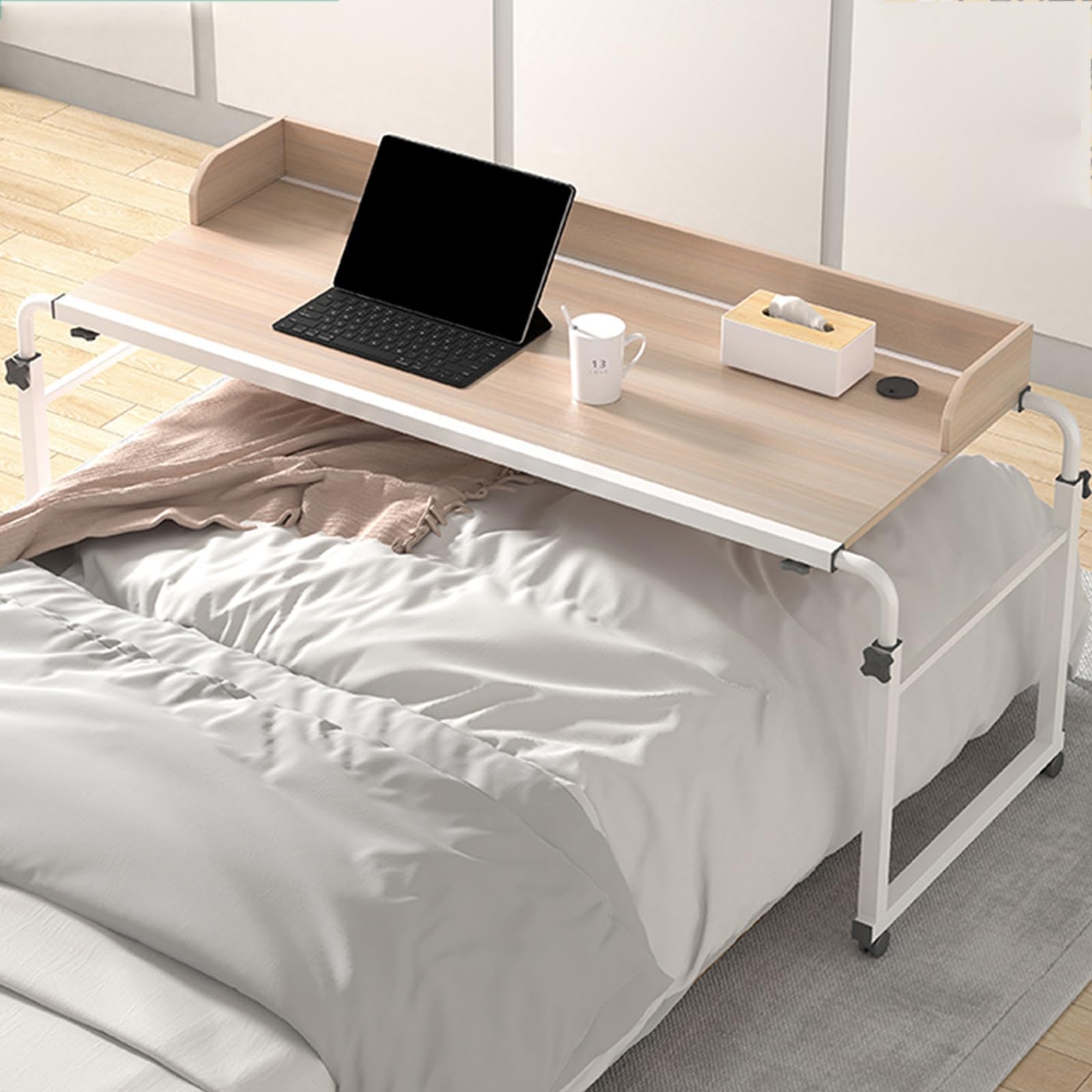 Table de lit avec roulettes réglable en hauteur et longueur - Bureau mobile de chambre pour lit