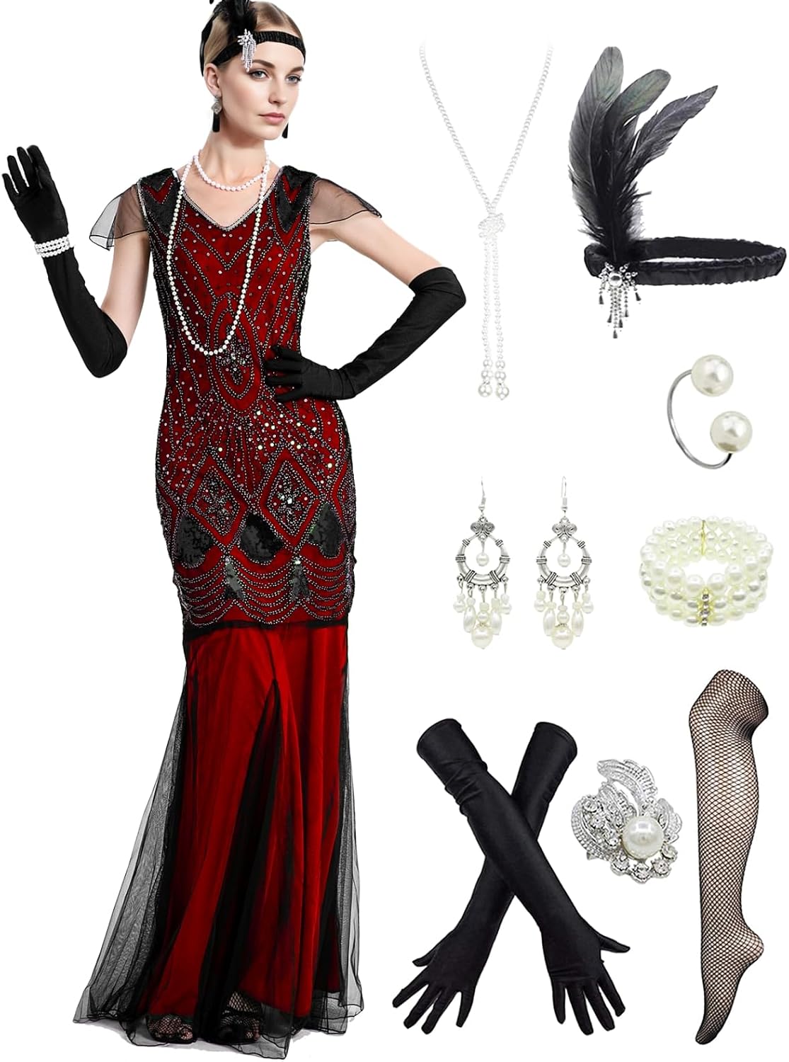 1920s Flapper Dresses Jazz Age Chic Sequin Mermaid Dresses w/Accessories Set