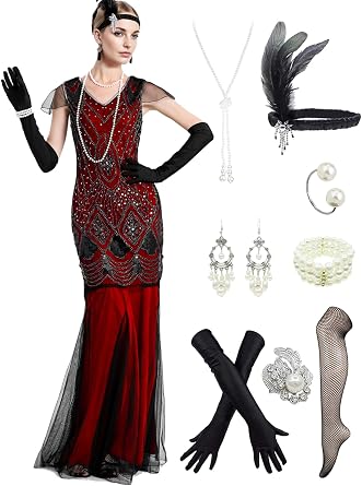 1920s Flapper Dresses Jazz Age Chic Sequin Mermaid Dresses w/Accessories Set