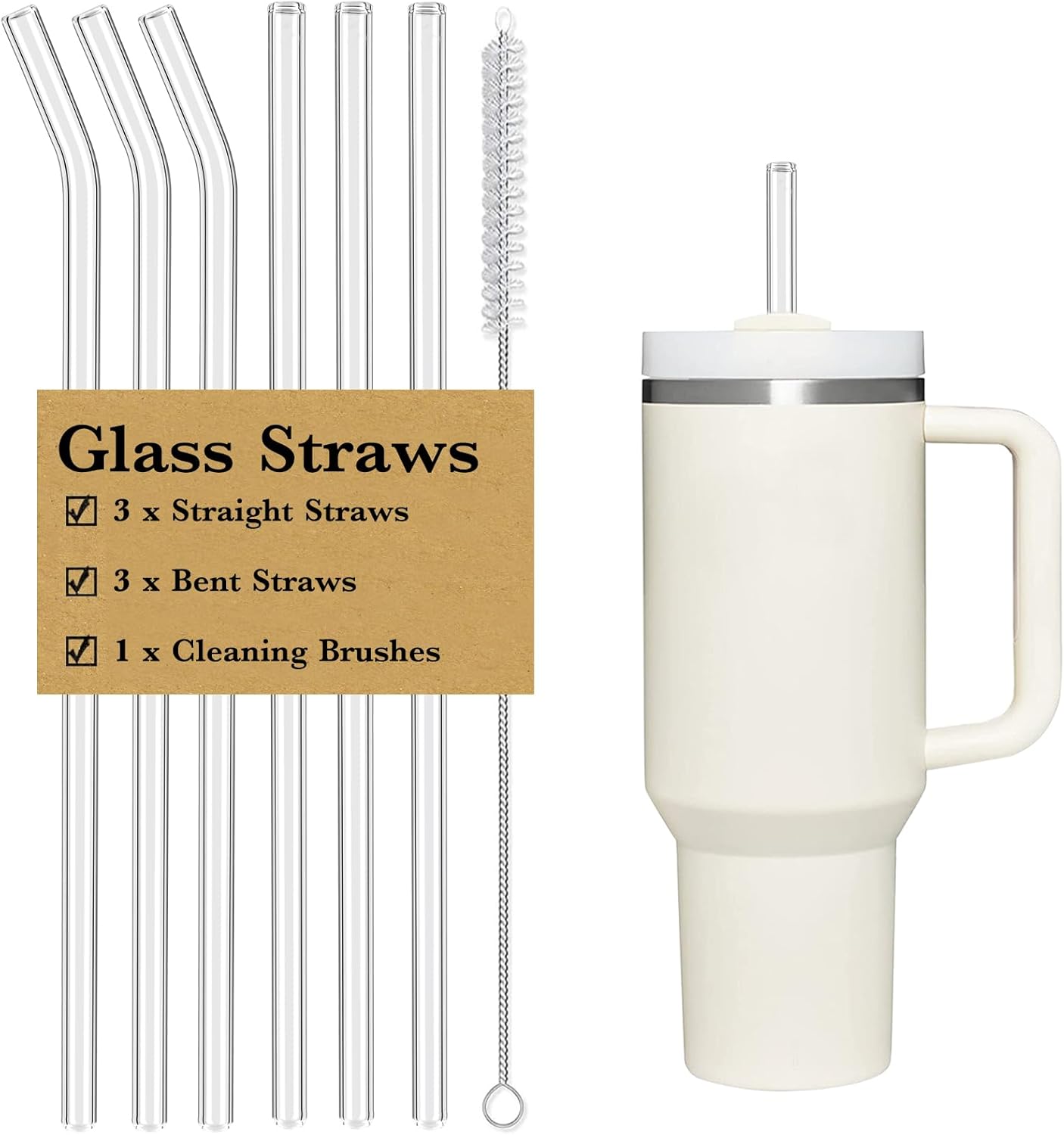 6 PCS Clear Glass Reusable Straws for Stanley 40 oz 30 oz Cup Tumbler, Shatter Proof, 6 Pack with Cleaning Brush