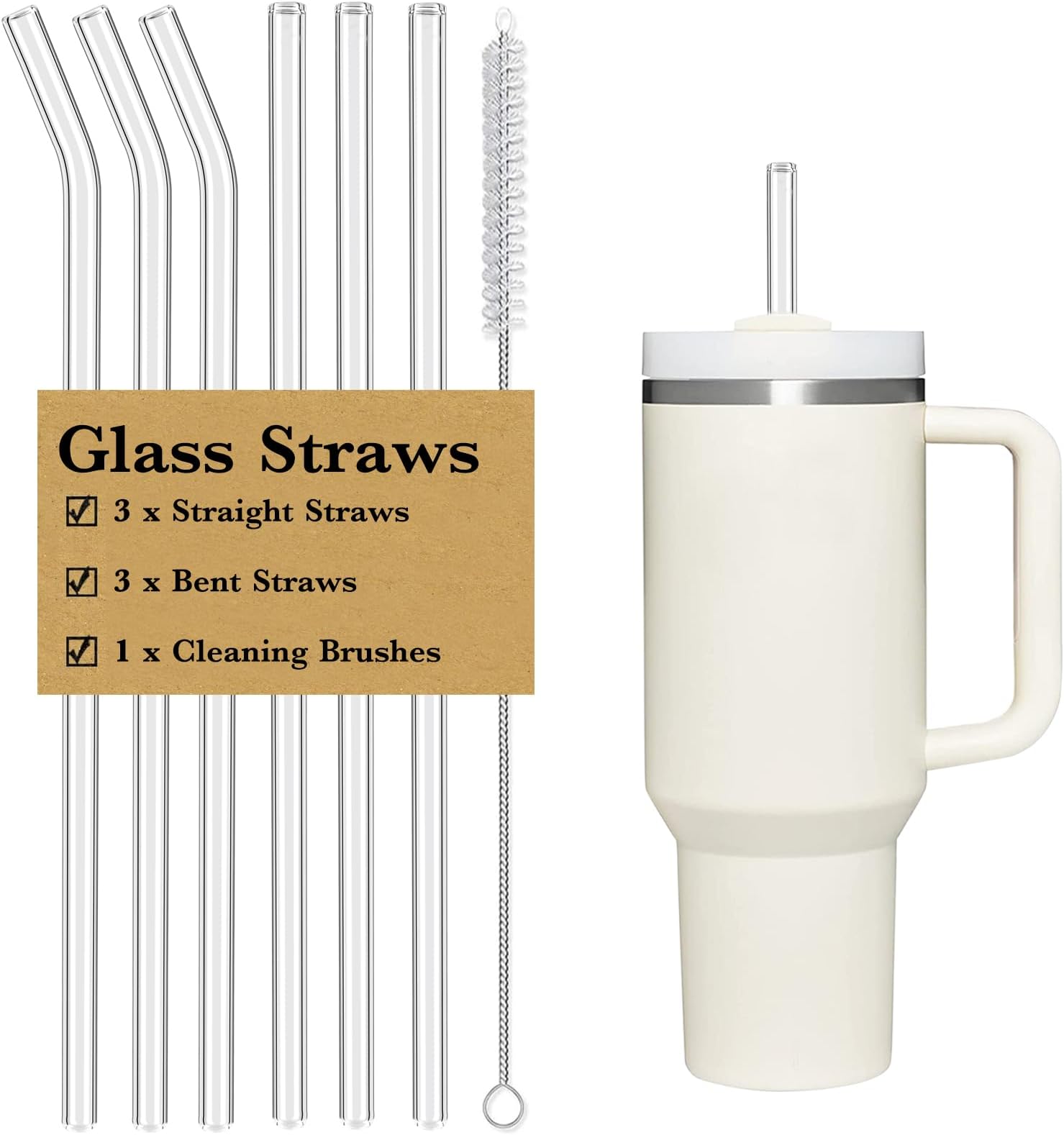 6 PCS Clear Glass Reusable Straws for Stanley 40 oz 30 oz Cup Tumbler, Shatter Proof, 6 Pack with Cleaning Brush
