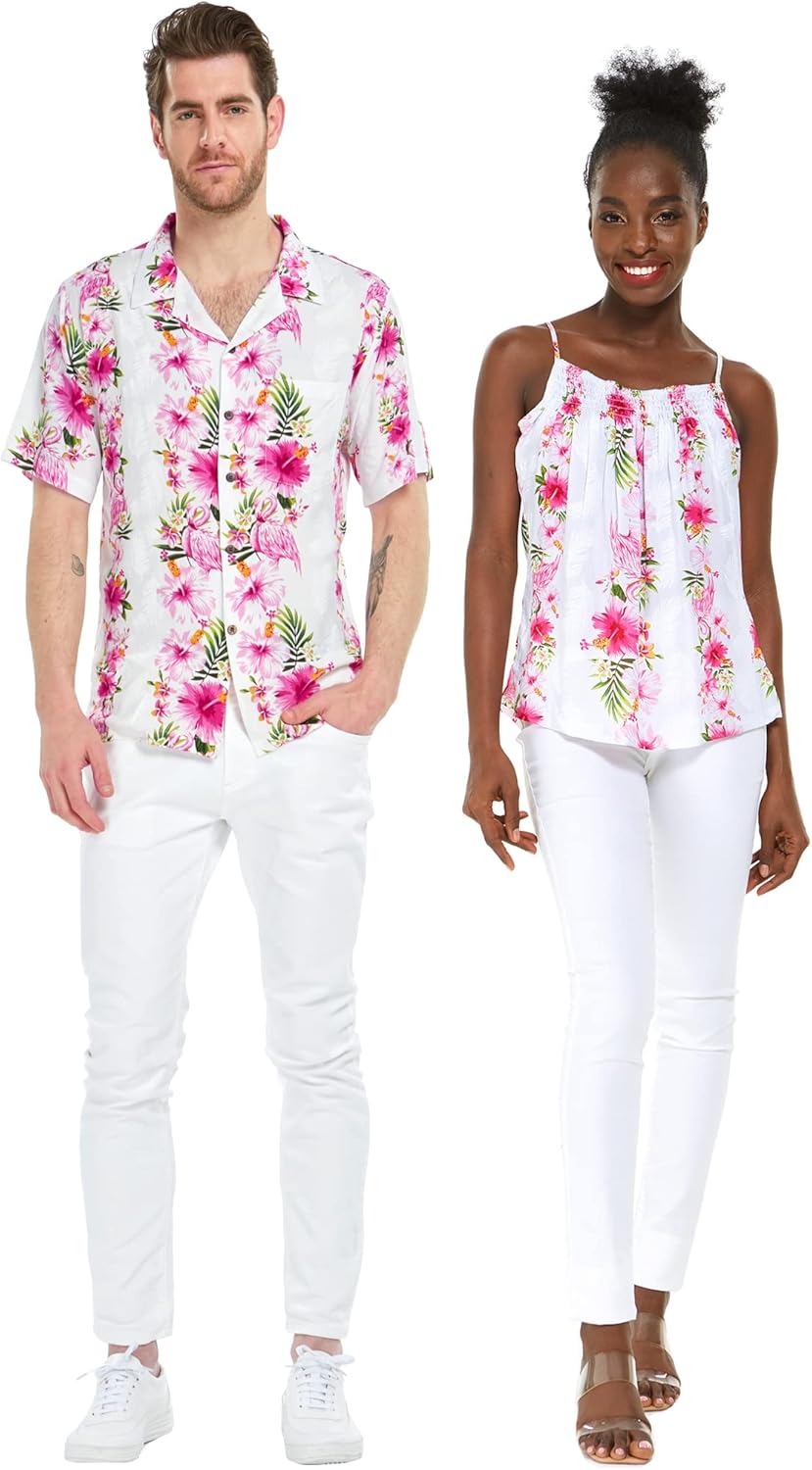 Matchable Couple Hawaiian Luau Shirt or Spaghetti Strap Top in Pink White Hibiscus Vine