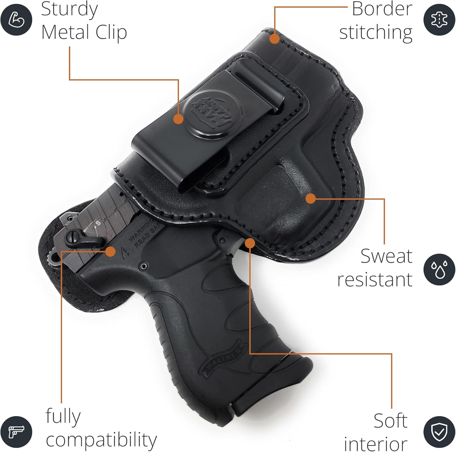 Genuine Leather Iwb Holster for Walther PK380 Pistol - Tactical Handgun Iwb Leather Holster - Comfortable Appendix Everyday Carry - Maxx Carry Holsters