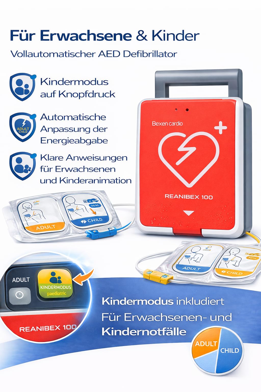 Reanibex 100 AED Defibrillator 2026 vollautomatische Schockauslösung, für Zuhause, im Betrieb, Kleinkindertaste, Ladezeit 0 Sekunden, 7 Jahre Garantie, Sprache DE/UK/FR, Erste-Hilfe Set