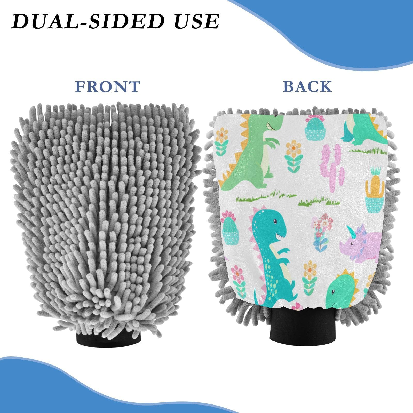 Kigai Cute Dinosaur Car Wash Mitt Microfiber, 2Pcs Scratch Free Lint-Free, Premium Chenille Microfiber Mitt Car Wash Brush-M