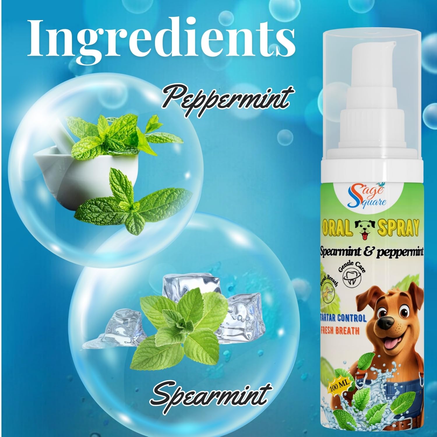 Sage Square Dog Mouth Spray : Sparemint & Peppermint Oral Spray, Easy Brushless Cleaning, Teeth & Gum Spray, Reduces Plaque & Freshens Breath Instantly, Dog & Cat Mouth Care, Fresh Breath (100ml) 1