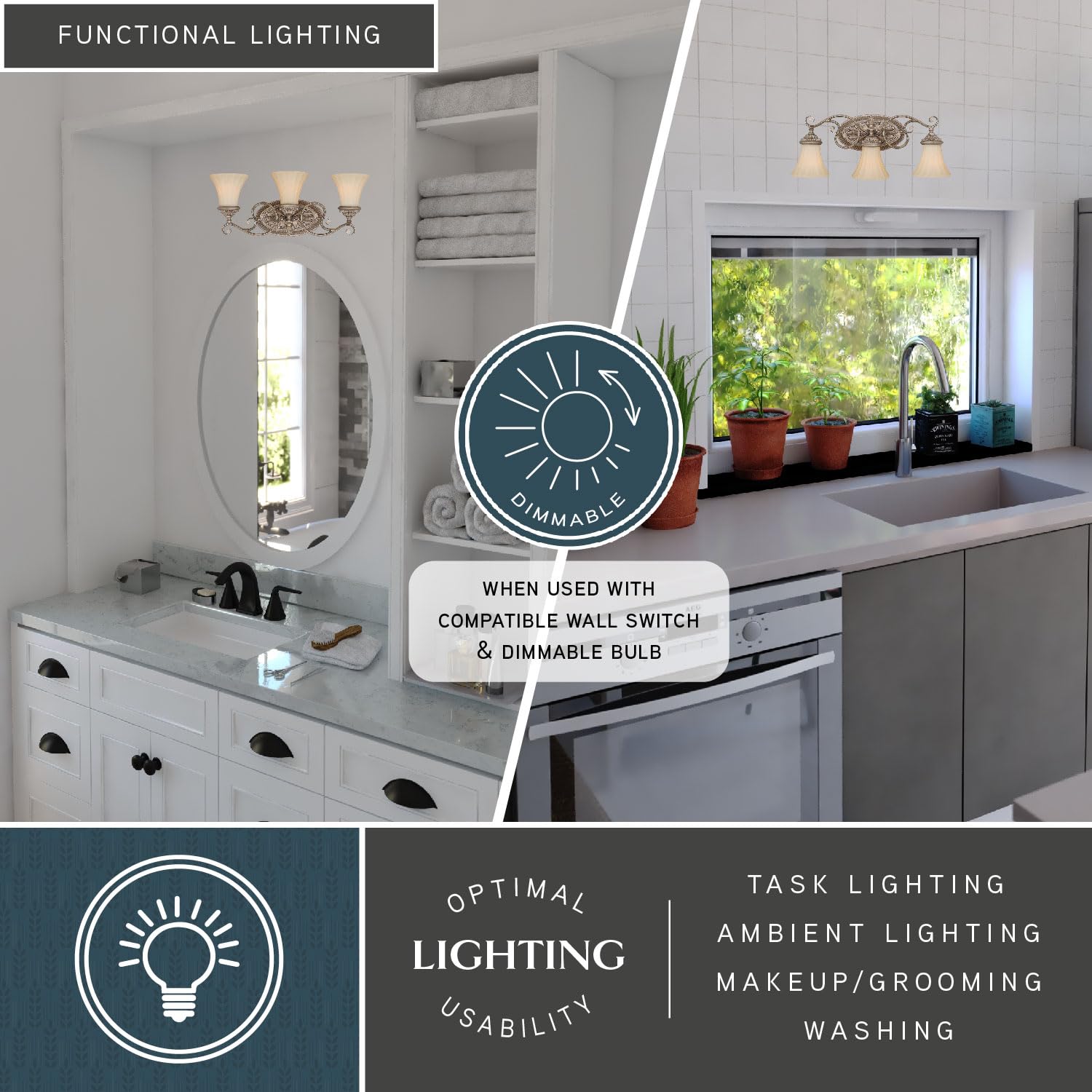 VAXCEL Avenant 3 Light Bathroom Vanity Fixture, French Bronze Finish, Traditional Over Mirror Lighting, Easy Installation