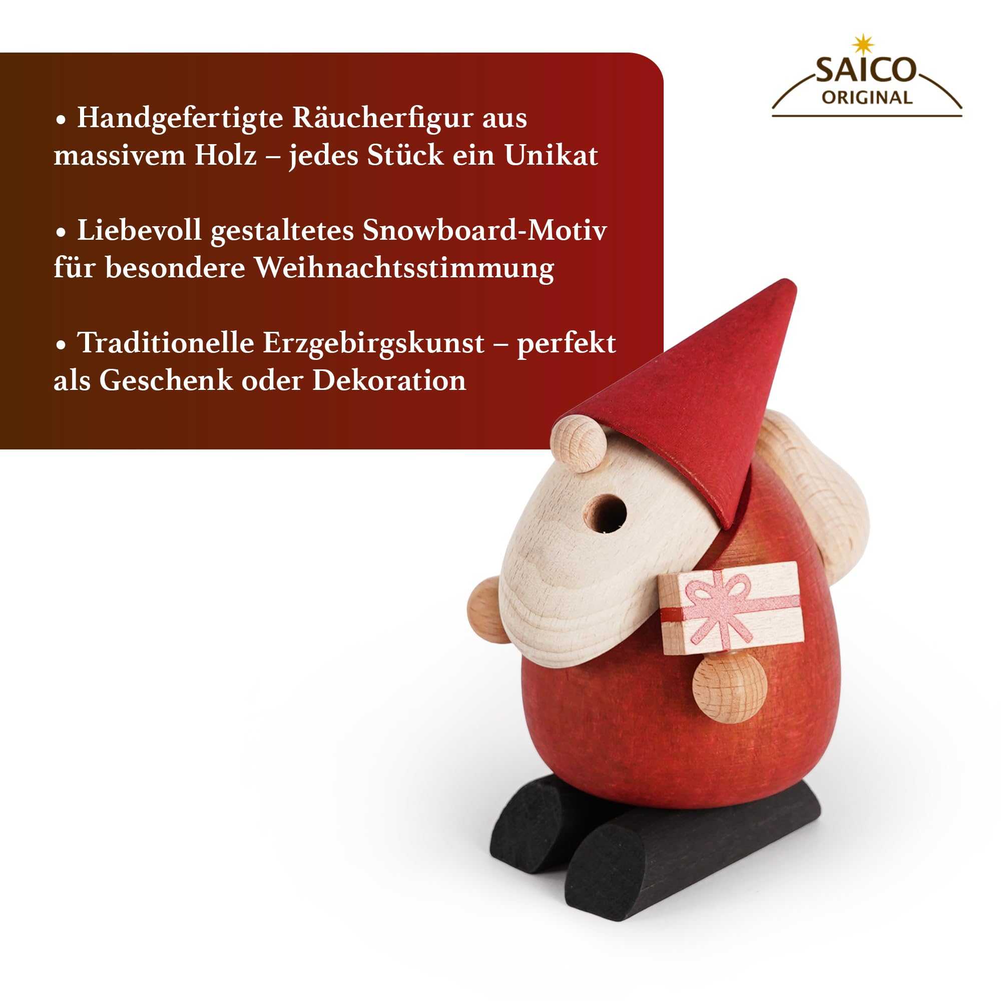 SAICO Räuchermännchen Weihnachtsmann Bescherung 11 cm - Handgefertigte Holzfigur inkl. Räucherfunktion - Erzgebirgische Handarbeit - Moderne Weihnachtsdekoration Made in Germany