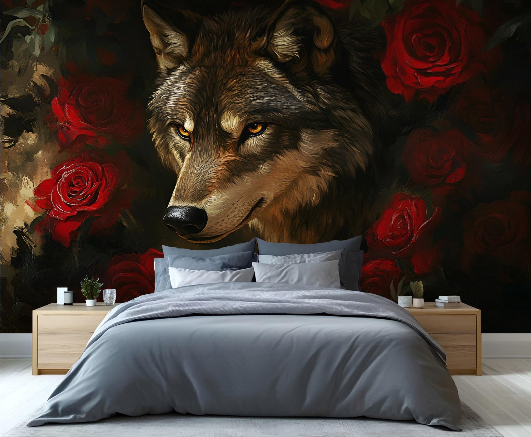 YXQAIED Wolf Wallpaper, Red Rose Wallpaper Mural, Flowers Animals Wallpapers for Bedroom Living Room, Not Self-Adhesive Home Decor 3D Wall Murals