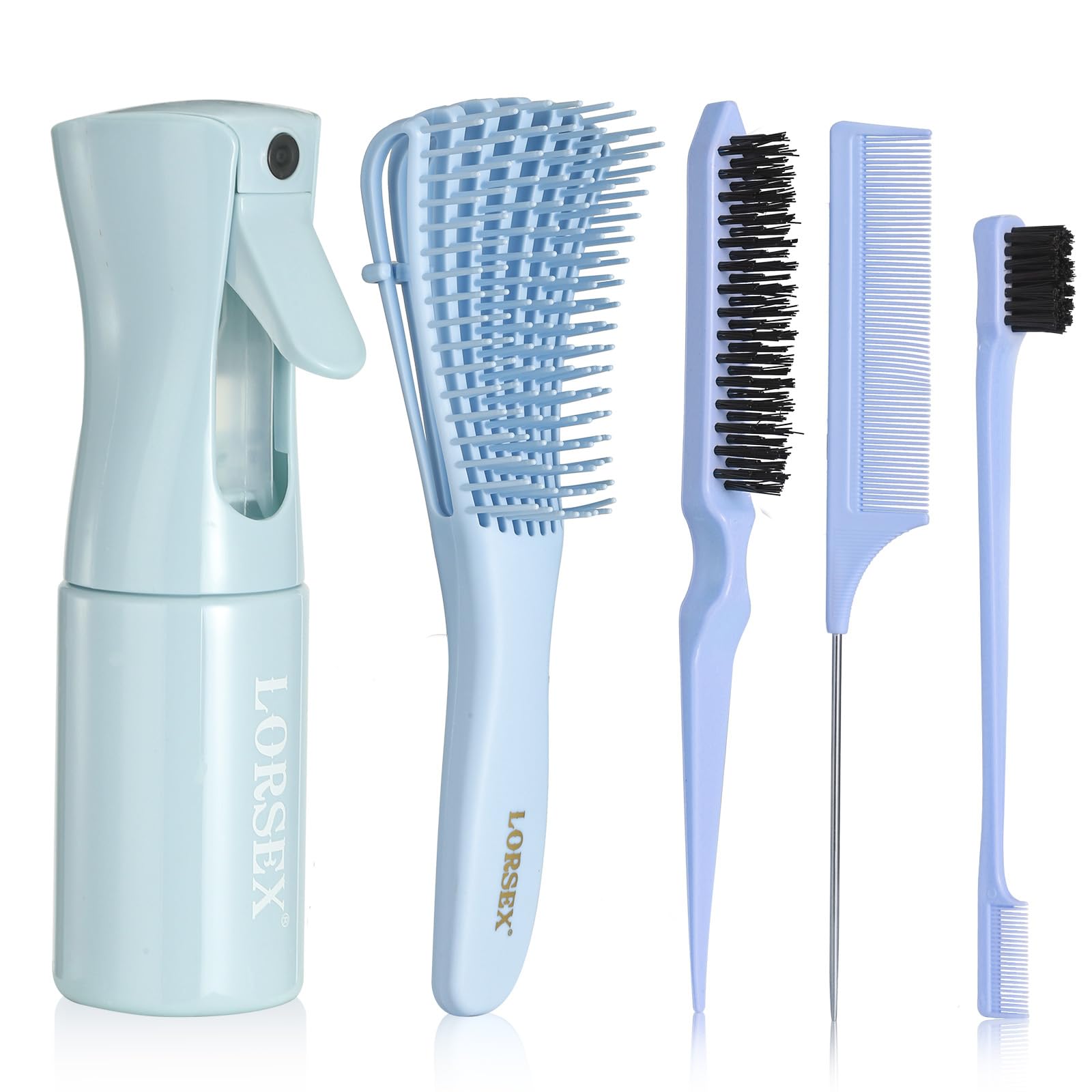 LORSEX Haarbürste mit 200ml Haar Sprühflasche, Entwirrbürste für Naturhaar für Afro Haare 3a bis 4c Verworrenes, Welliges, Lockiges Haar, mit 3 Stück Toupier Bürste Set Doppelkanten Bürste (Blau)