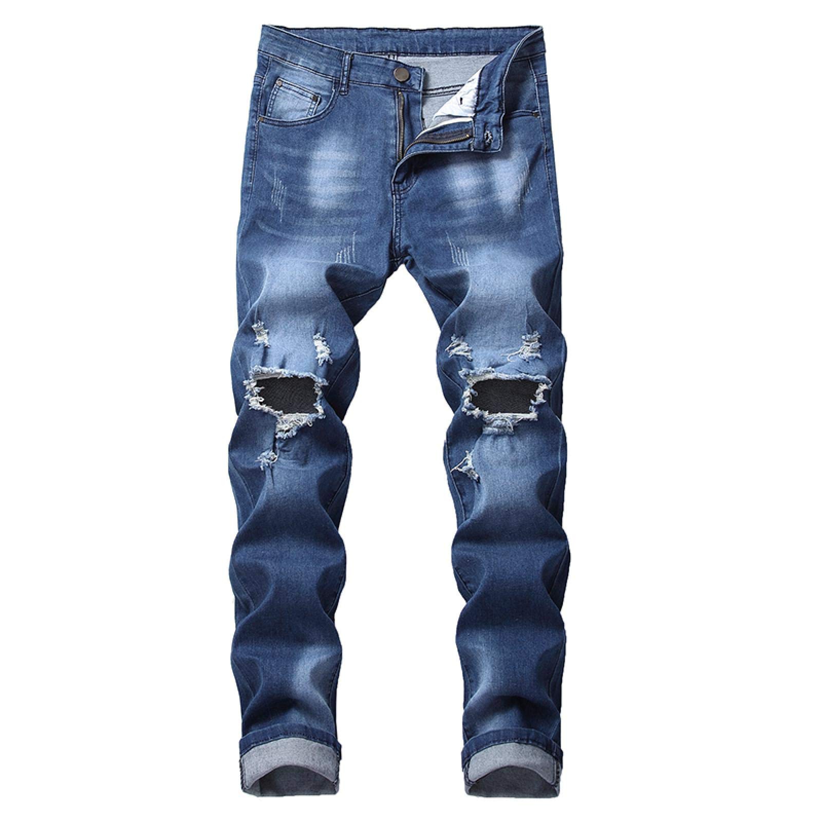 WQZYY&ASDCD Jeans Pantalon Herren Biker Demin Jeans Stretch Destroyed Ripped Cowboy Pants Printed Pocket Design Fashion Soft Skinny Hole Jean Für Männer
