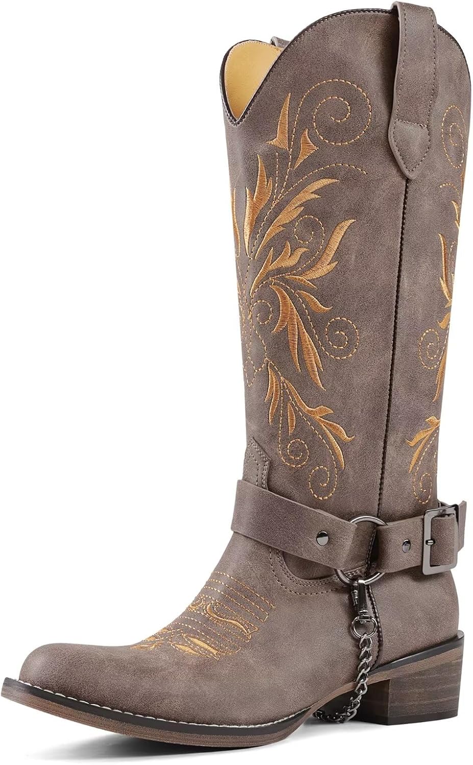 Cowboy Boots Embroidered Mid Calf Removable Belt Low Block Heel Round Toe Western Boots