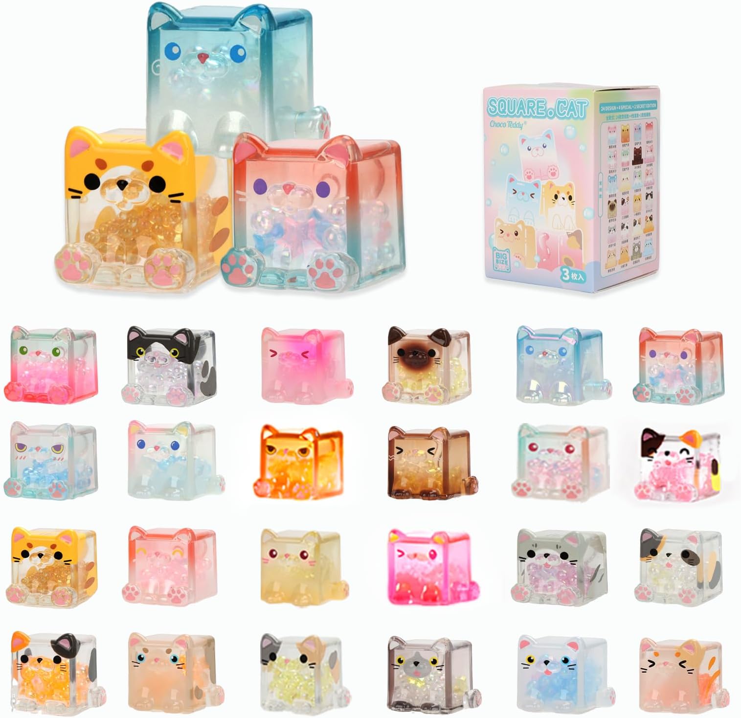 LUCKJOY Square Cat Series Blind Pack (3PCs in one Bag) Random Design Cat Blind Box Figures Collectible Toys Cute Mystery Box Home Decorations Holiday Birthday Gifts