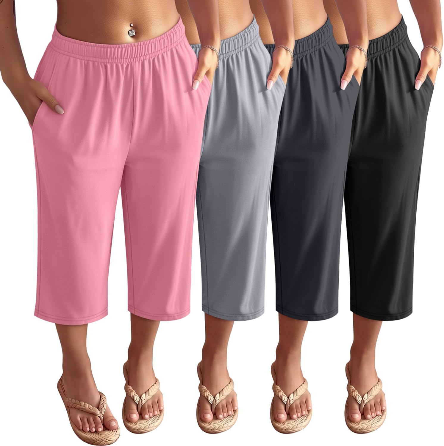 4 Pack Women's Capri Pants Wide Leg Yoga Sweatpants Lounge Loose Fit Cropped Joggers with Pockets