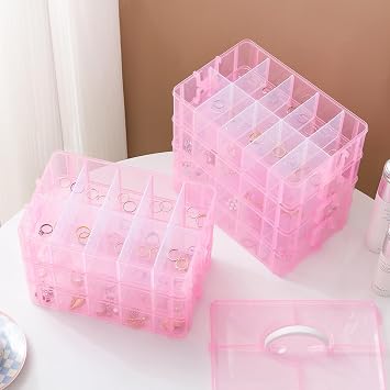 Gagee 7-Tier Craft Organizers and Storage,Bead Organizer Box with 70 Adjustable Compartments,Stackable Storage Containers for Arts and Crafts, Toy, Threads,Fuse Beads, Washi Tapes,Pink
