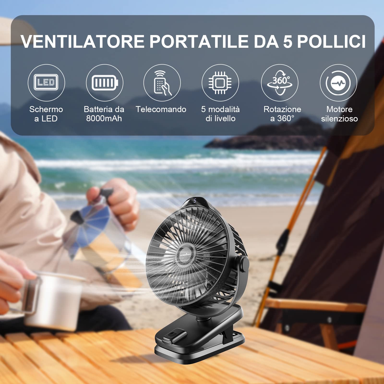 8000 mAh USB Ventilatore da tavolo piccolo con clip, telecomando, display a LED, 5 velocità 360° Rotante, portatile ventilatore a batteria ricaricabile, silenzioso mini fan per ufficio casa campeggio
