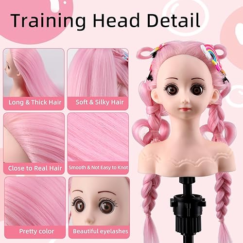 Miniatura 5 de Anstar Cabeza de muñeca de peinado para niñas, cabeza de maniquí para niños, cabeza de maniquí con cabello rosa, cabeza de muñeca para peinado,
