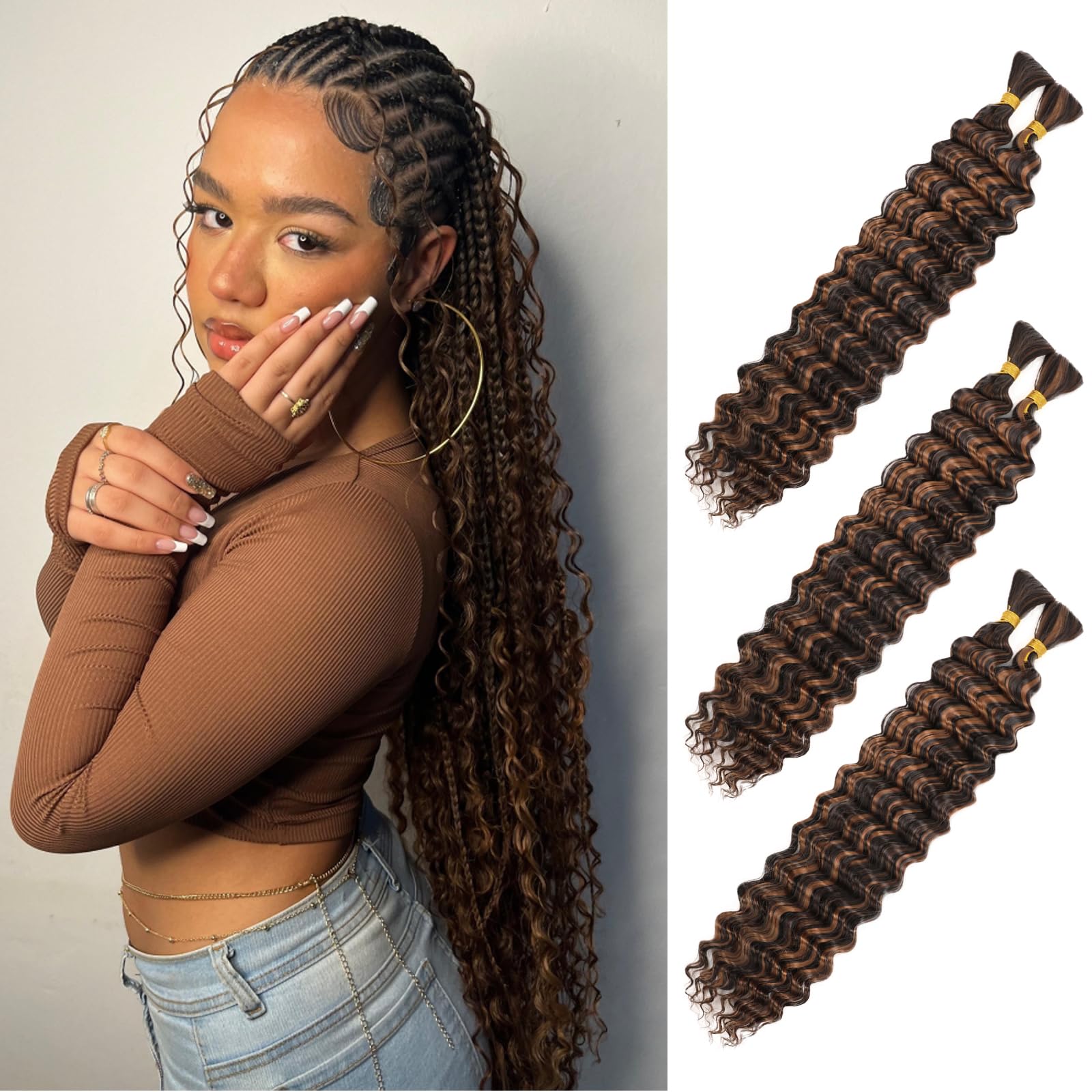 LPARMJIT Deep Wave Bulk hair for Braiding 18 inch 2 Bundles/Pack No Weft for Braiding Wavy Synthetic Braiding Hair Extensions for Boho Braids (P4/30