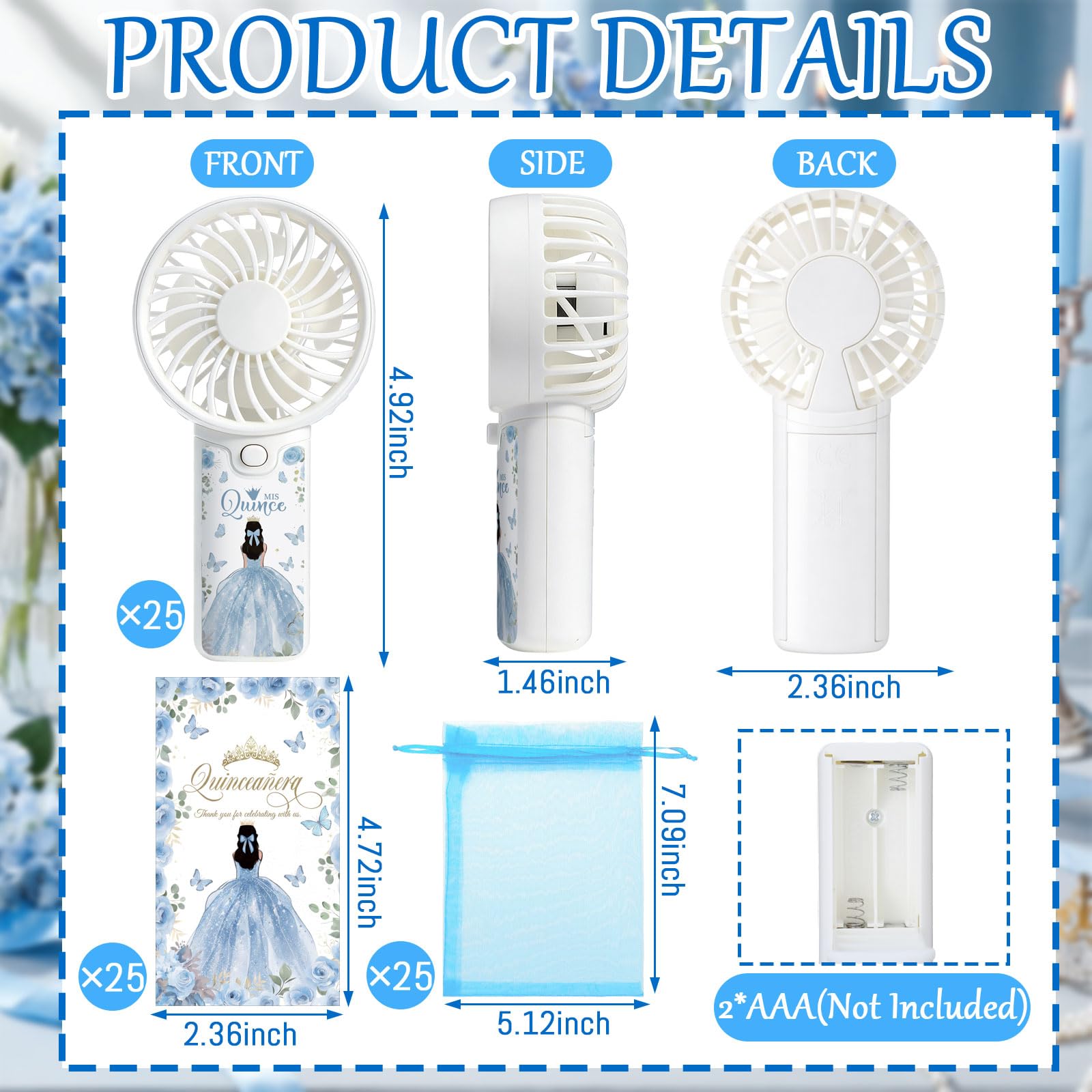 Tuanse Juego de 25 recuerdos para 15 años de quinceañera, recuerdos de fiesta para fanáticos de quinceañera, regalos para invitados, ventiladores eléctricos portátiles de mano con tarjetas de