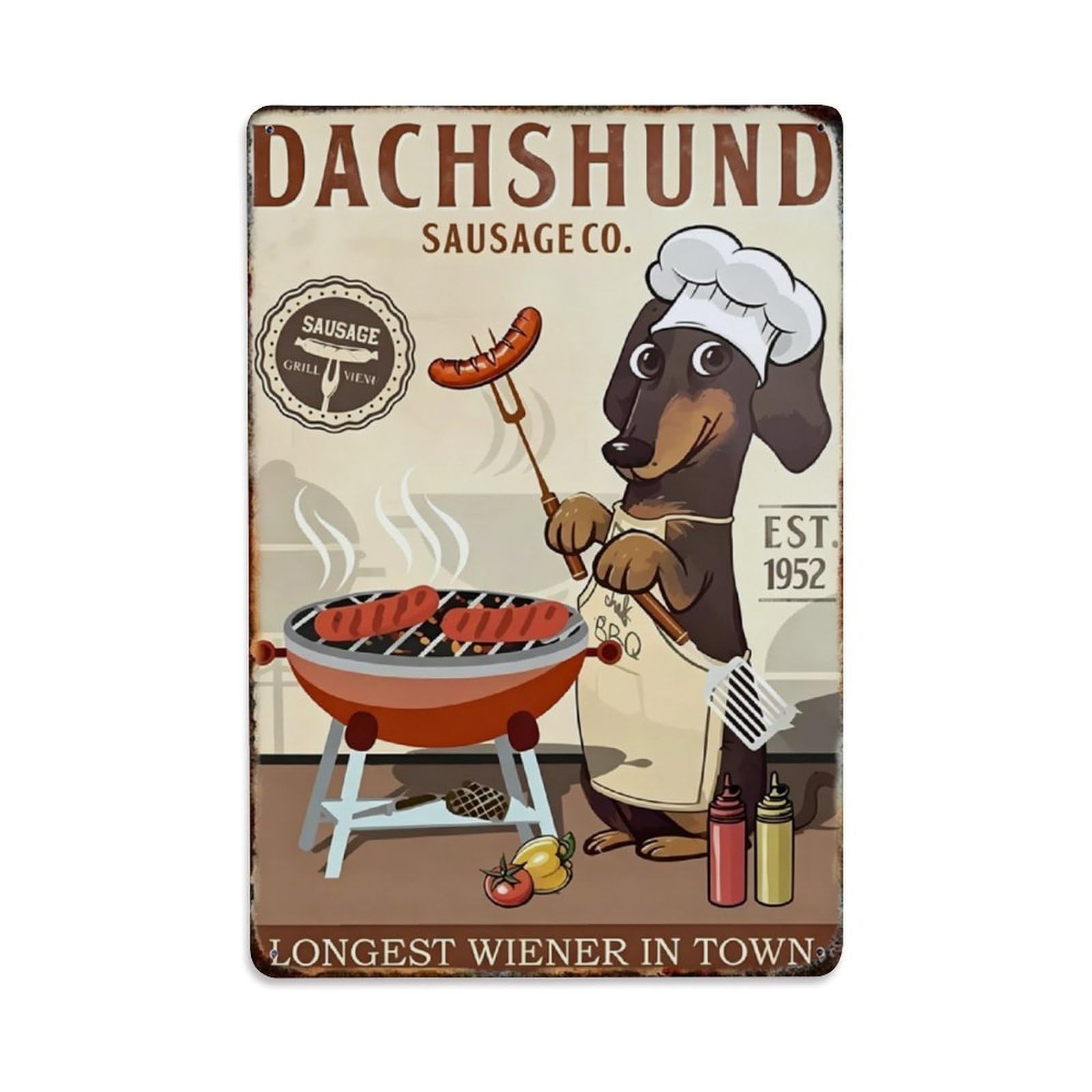 Dachshund Chef BBQ Sausage Vintage Metal Sign Vintage Aluminium Metal Sign, Retro Wall Decor for Home, Bar, Garage & Farmhouse 30x20cm