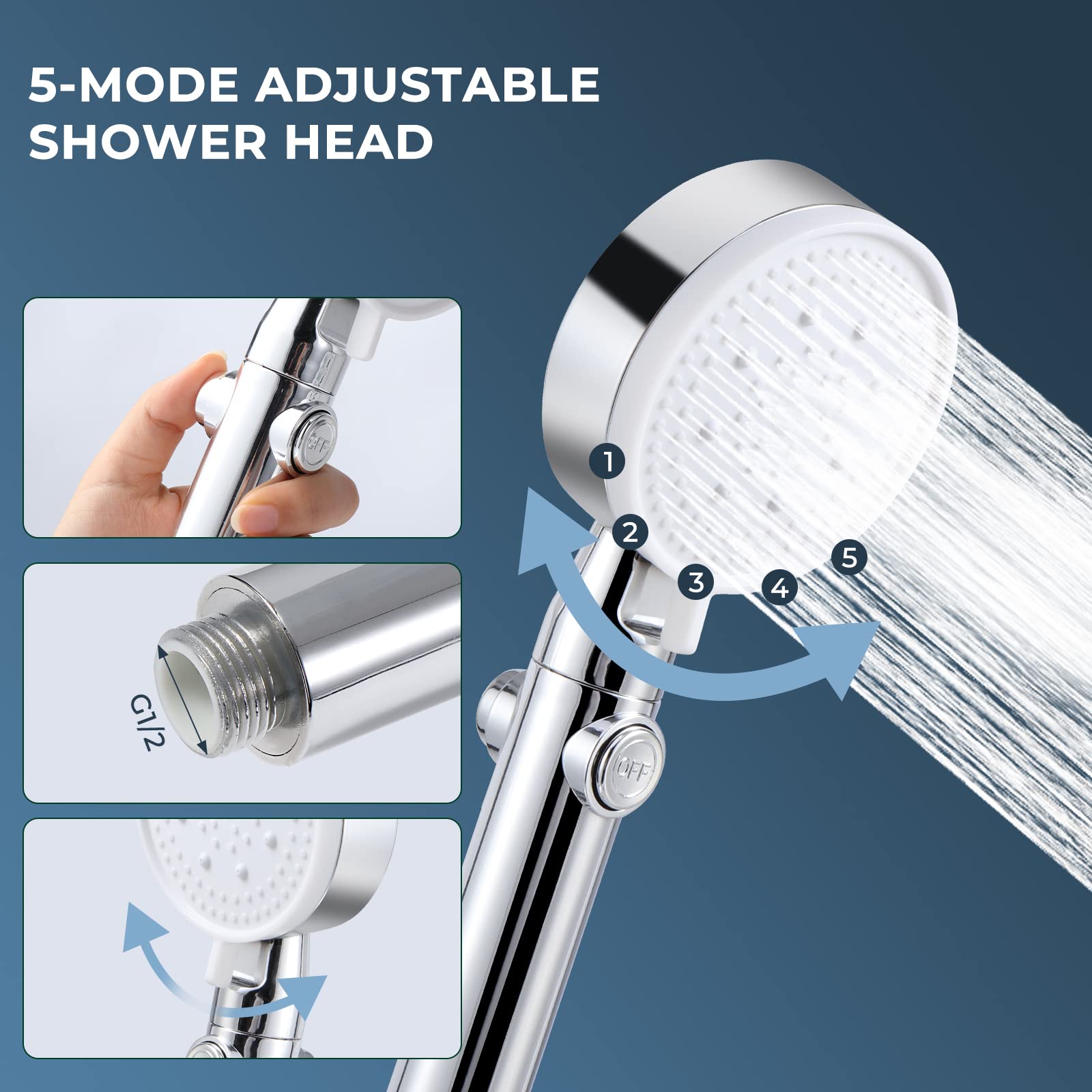 Vinabo Soffione Doccia, Doccino Manuale a Risparmio D'acqua, ad Alta Pressione, Universale, Regolabile, 5 Funzioni Testa a Mano, con Ugello in Silicone Autopulente