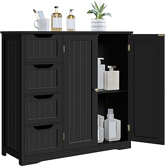 Yaheetech Wooden Bathroom Floor Cabinet, Side Storage Organizer Cabinet with 4 Drawers & Double Doors, Freestanding Entryway Storage Unit Console Table, Bathroom Furniture Home Decor, Black