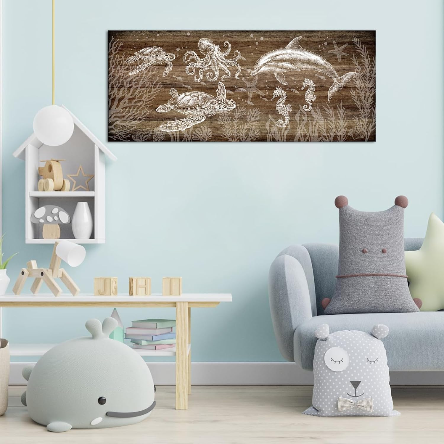 VANSEEING Rustic Ocean Decor Coastal Canvas Wall Art Sea Turtle Octopus Seahorse Dolphin Picture Sea Animal Marine Life Artwork Brown Wall Decor for Bathroom Farmhouse Living Room 48x20 inch