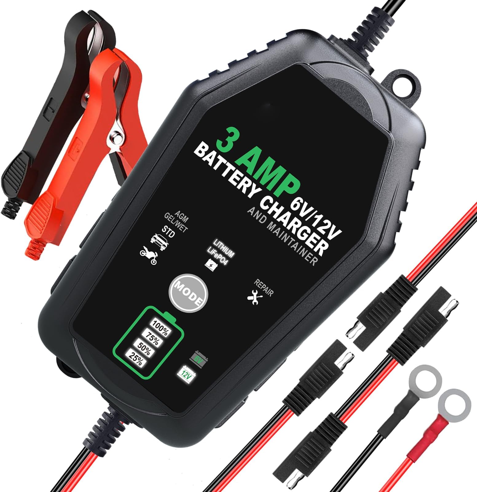 HTRC 3A Smart Car Battery Charger 6V 12V, Automatic Trickle Charger & Maintainer for Motorcycle, Boat, Lead-Acid(AGM/GEL/EFB) & LiFePO4 Lithium Batteries