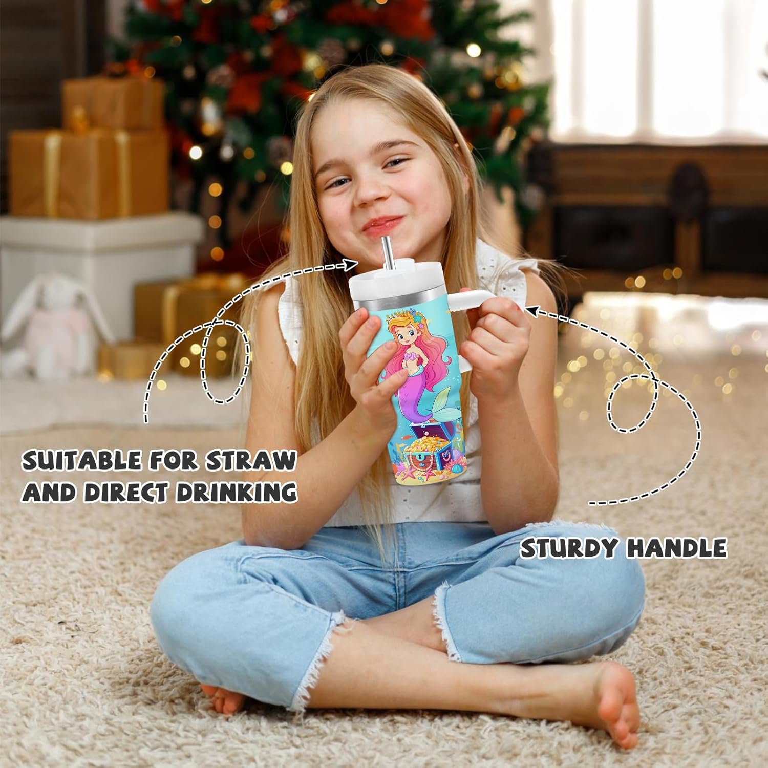 Hiboss Mermaid Tumbler with Handle and Straw for Kids 14oz, Insulated Stainless Steel Little Mermaid Girls Cup Mug, Birthday Christmas Gifts for Kids Girls - Image 3