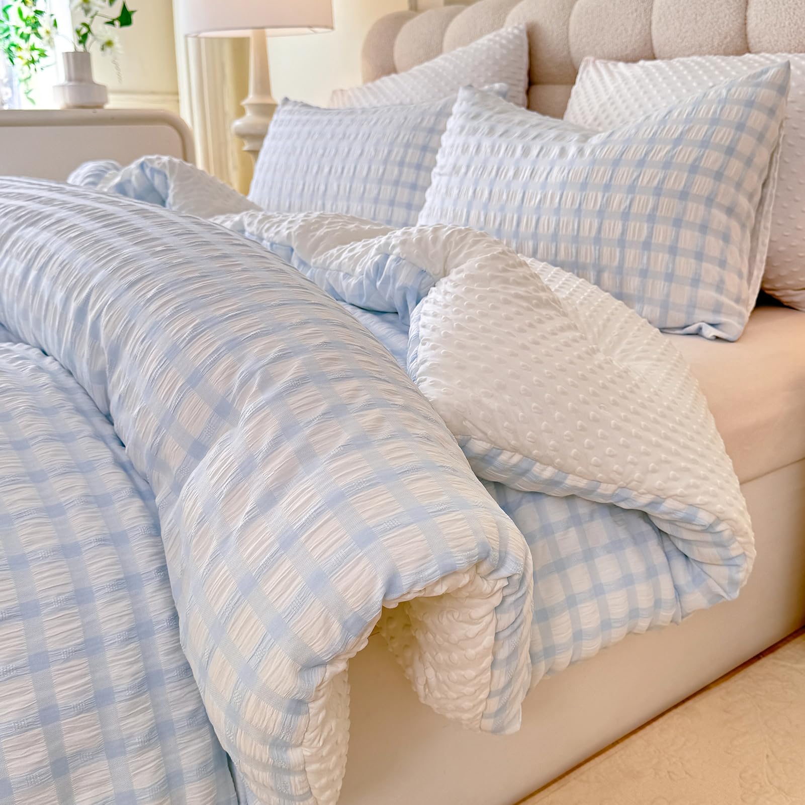 Photo 1 of tohrisa Boho Comforter Set Full Size - 3 Pieces Lightweight Jacquard Seersucker Bedding Sets (1 Soft Fluffy Grid Comforter & & 2 Pillowcases) - All Seasons Cozy Modern Bed Set(80"x90" Light Blue)