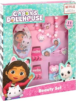 TDL 11pc Gabbys Dollhouse Beauty Set Girls Jewellery & Hair Accessories Kit Pink Gift Set Dress Up Hairbrush Bracelets Scrunchies Charms