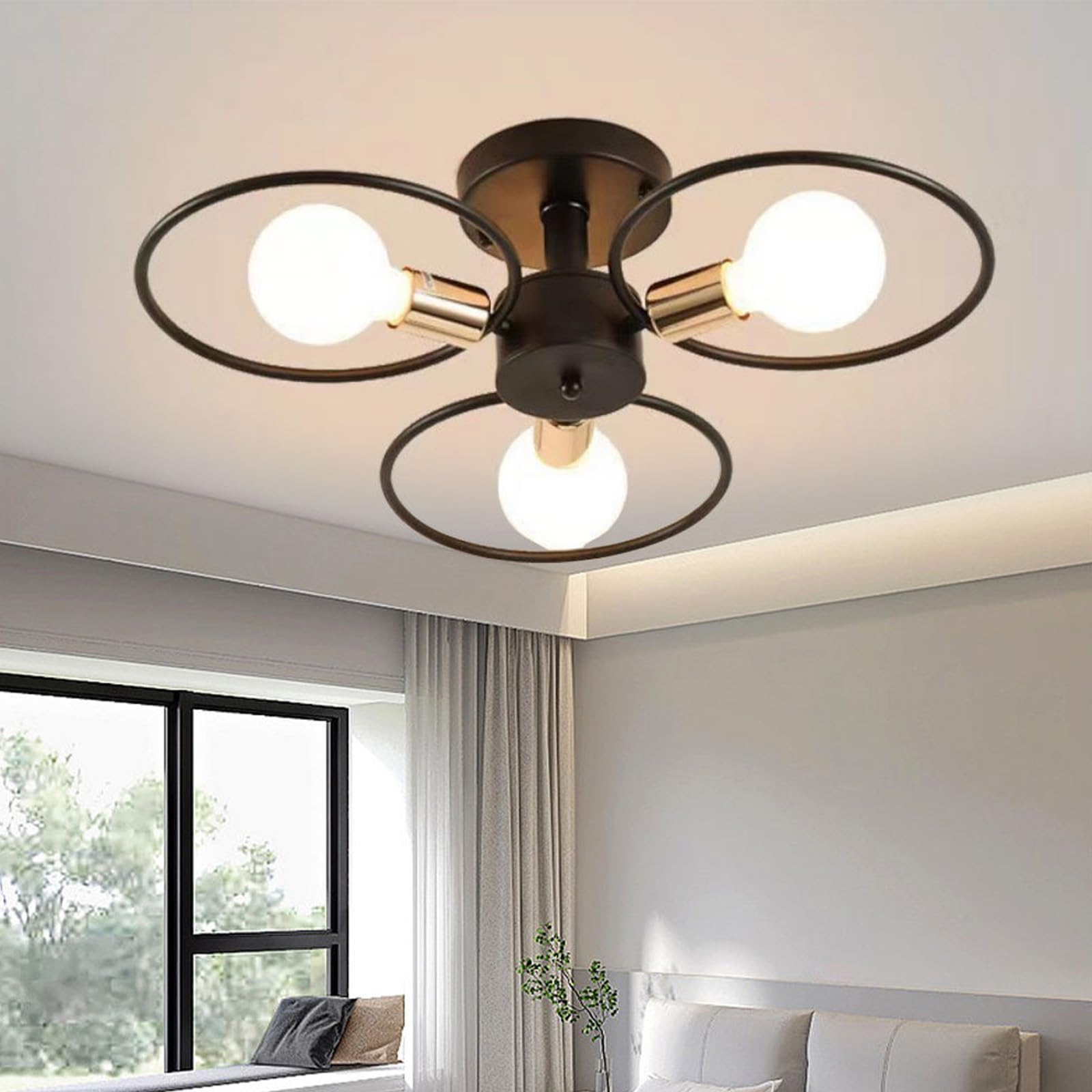 Sputnik Nowoczesna lampa sufitowa w stylu vintage metalowa oprawa sufitowa E27 Czarna podstawa przemysłowe oświetlenie sufitowe do sypialni salonu jadalni (żarówka nie jest dołączona) (czarna, 3
