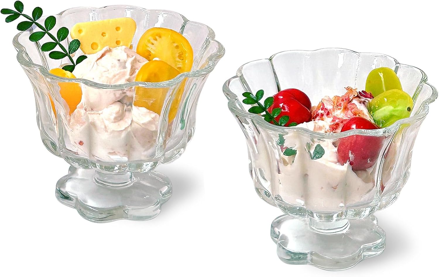 Tall Ripple Drinking Glasses Set of 2 (Pink & Green), Flower Petal Style Glass Goblet, Suitable for Juice, Ice cream, Cocktails, Dessert & More.