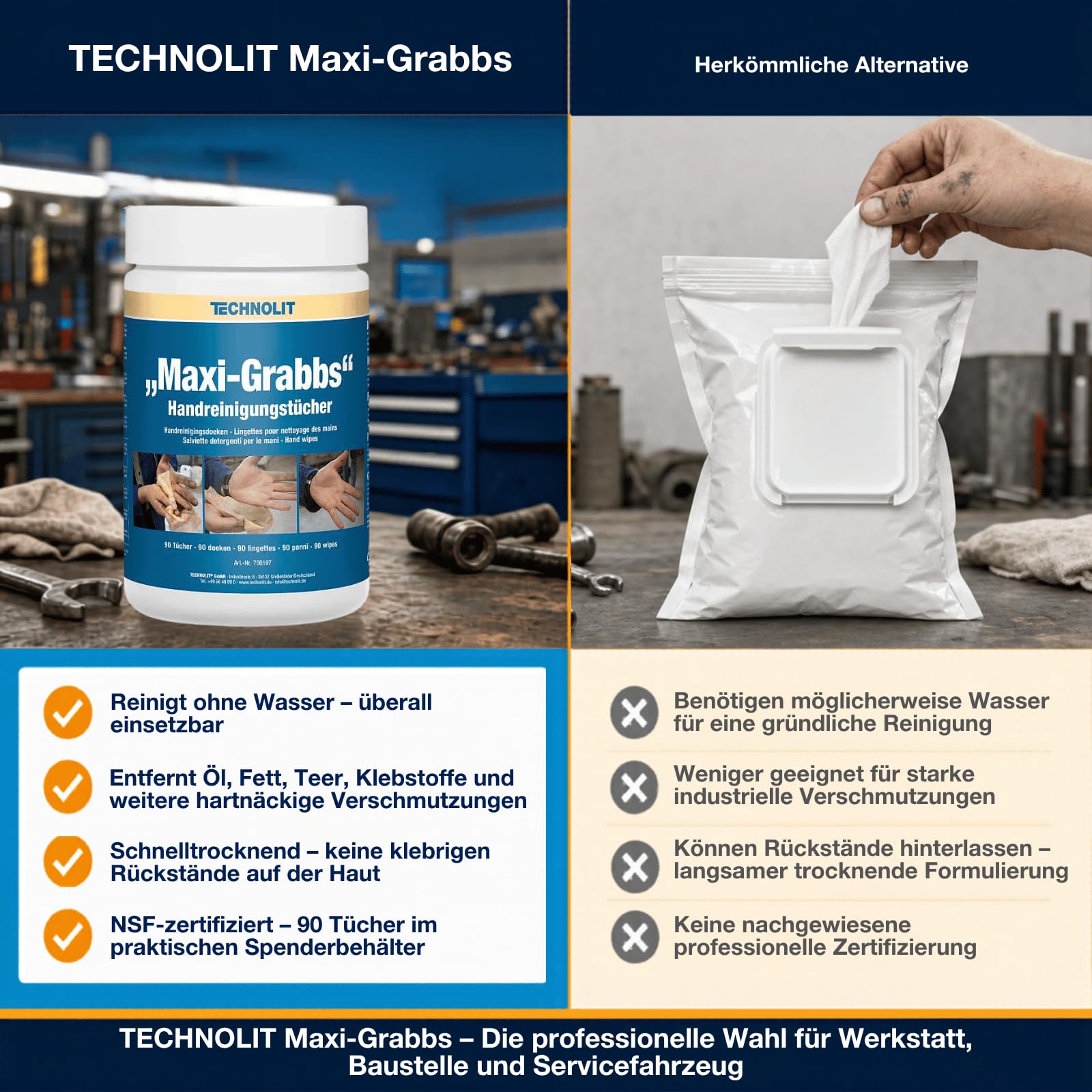 TECHNOLIT Maxi-Grabbs Handreinigungstücher 90 Stück | NSF-zertifiziert