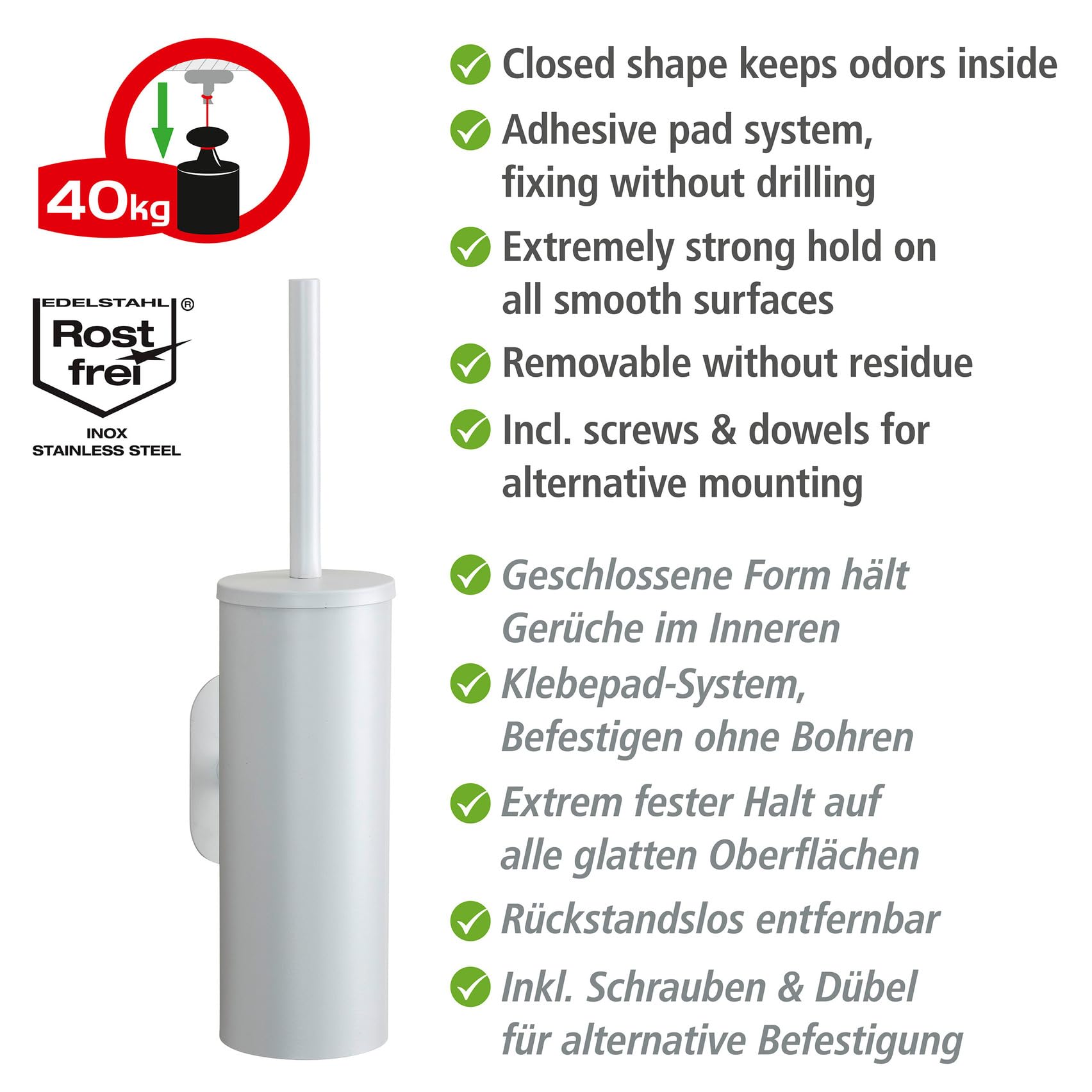WENKO Turbo-Loc WC-Garnitur Mod. Orea eleganter Toilettenbürstenhalter aus rostfreiem Edelstahl geschlossen 9 x 39,5 x 12,5 cm Weiß matt
