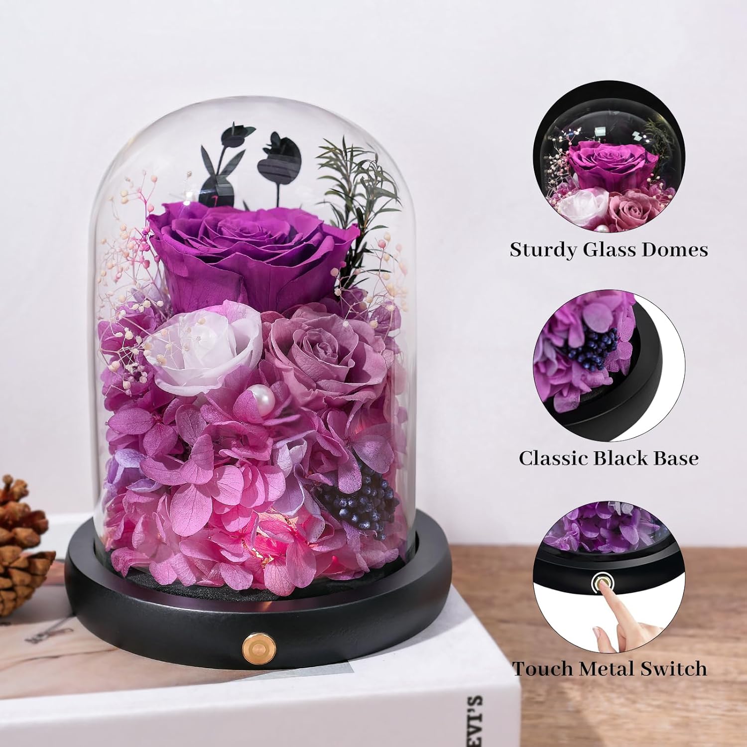 FIACO Gifts for Women Preserved Rose Forever Flower in Glass Dome Fresh Flowers for Delivery Prime Mothers Day Birthday Gifts for Mom Grandma Wife Sister Purple Roses
