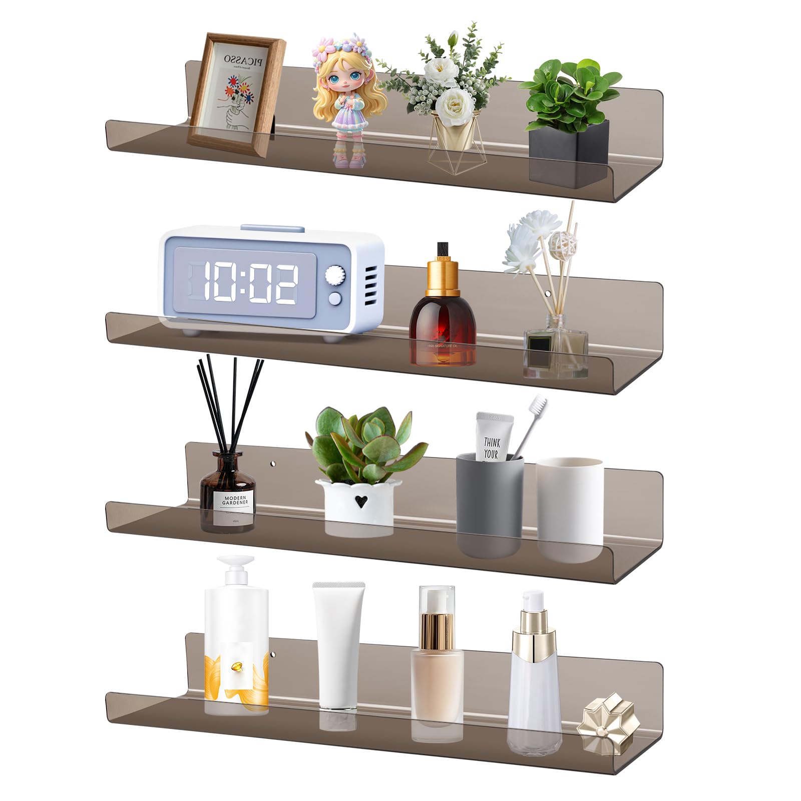 Dezzer 4 Pack Acrylic Shelves for Wall, 15" Acrylic Floating Shelves for Bathroom Bedroom, Invisible Bookshelf Wall Ledge Storage Shelf Books Perfume Toys Action Figure Display Shelves, Clear Gray