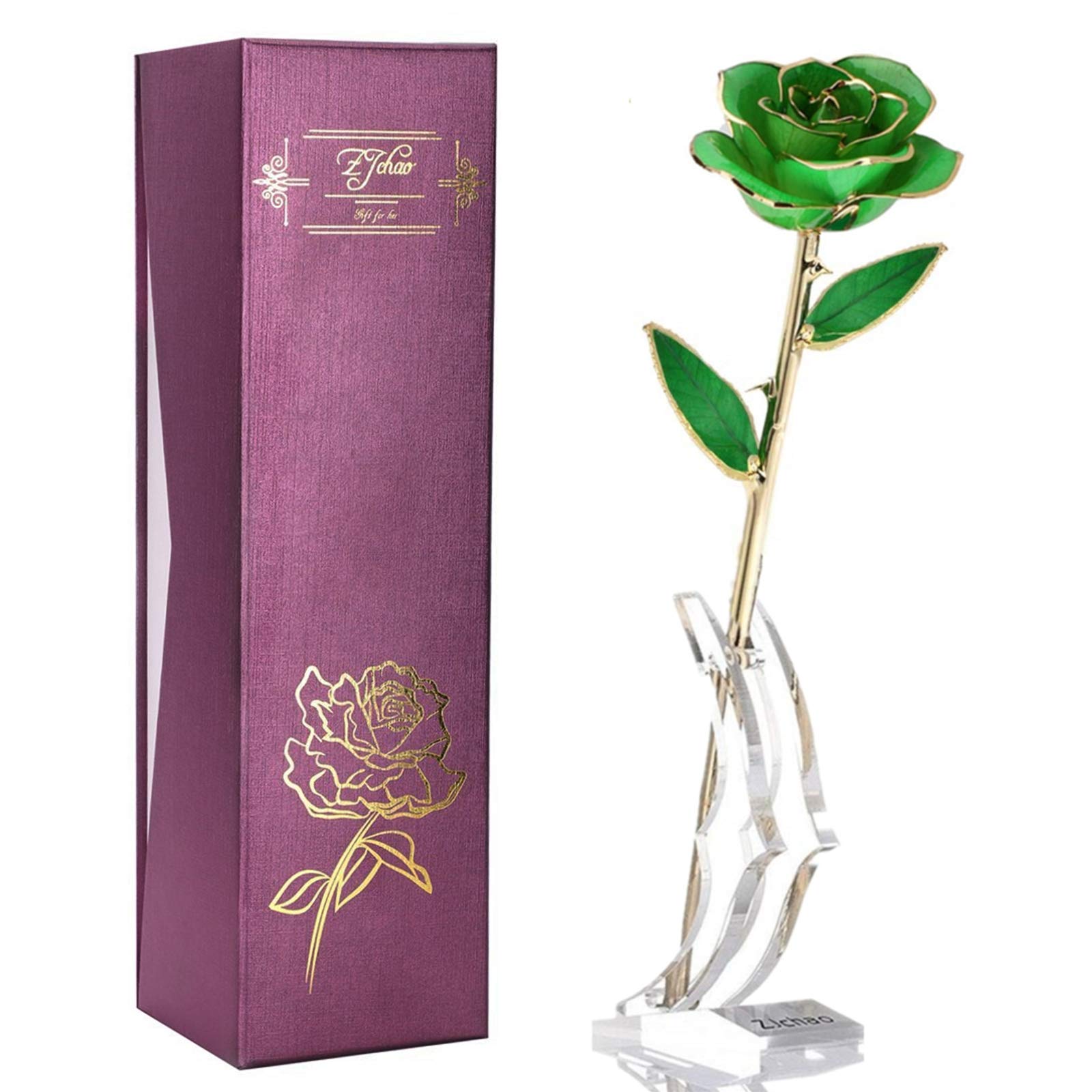 24K Green Rose for Her, Dipped Gold Rose Love Real Golden Plated Preserved Eternal Flower with Rose Stand Present for Wife/Mom/Grandma (Green)