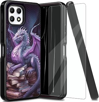Rugged Phone Case for T-Mobile Revvl 7, Dual Layer Shockproof Protective Cover with Tempered Glass Screen Protector Revvl 7 Only, Purple Dragon Books
