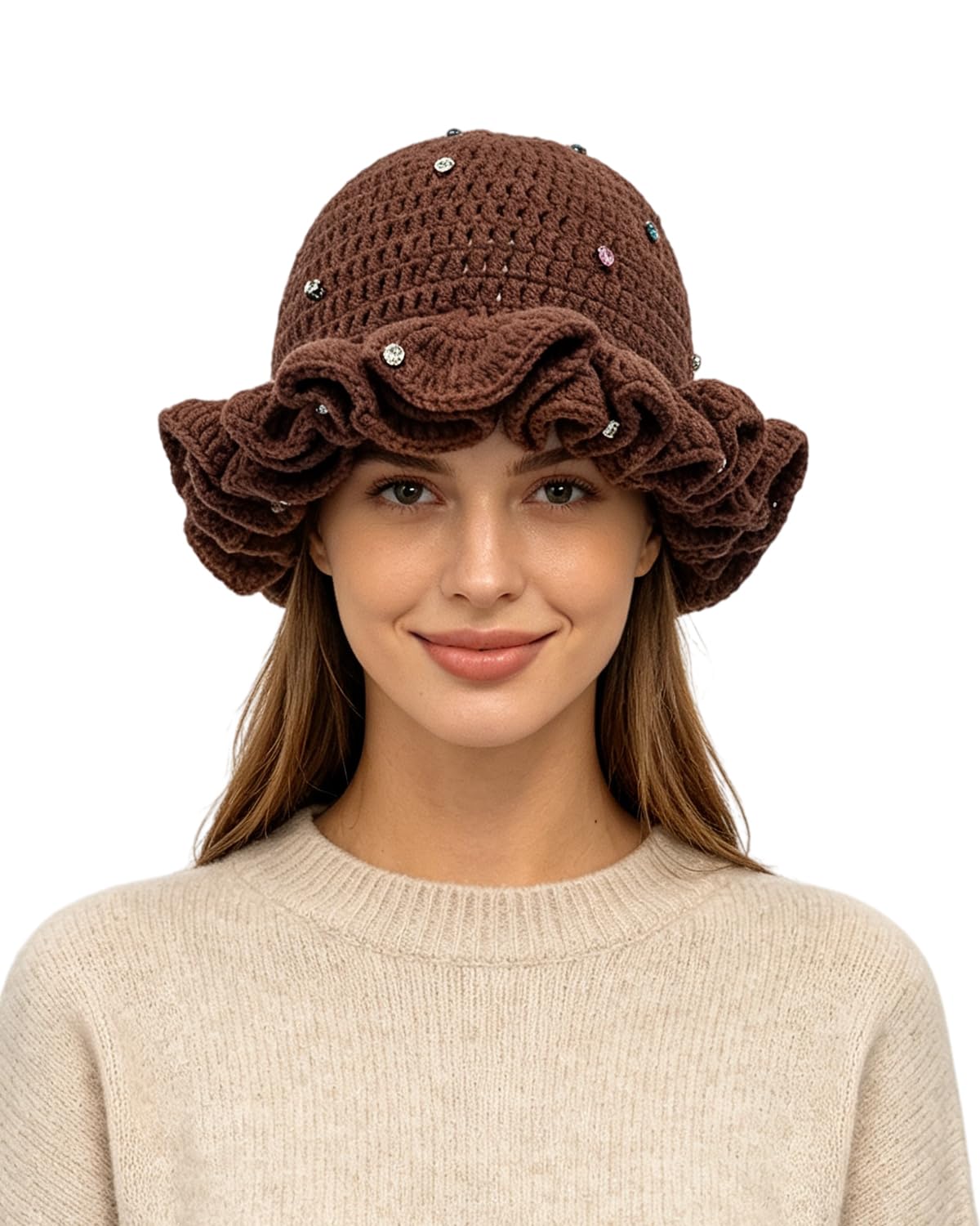 Women Crochet Bucket Hat Cute Winter Ruffled Brim Floppy Cap Handmade Knit Cloche Hats