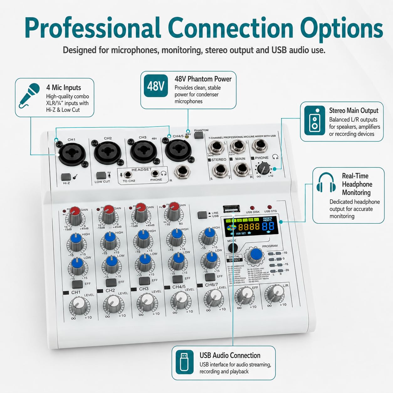 Mixer audio Bluetooth a 7 canali, mixer professionale con interfaccia audio USB, mixer con 88 tipi di DSP e 48 V CC, mixer per spettacoli palcoscenici, studi di registrazione, spettacoli DJ