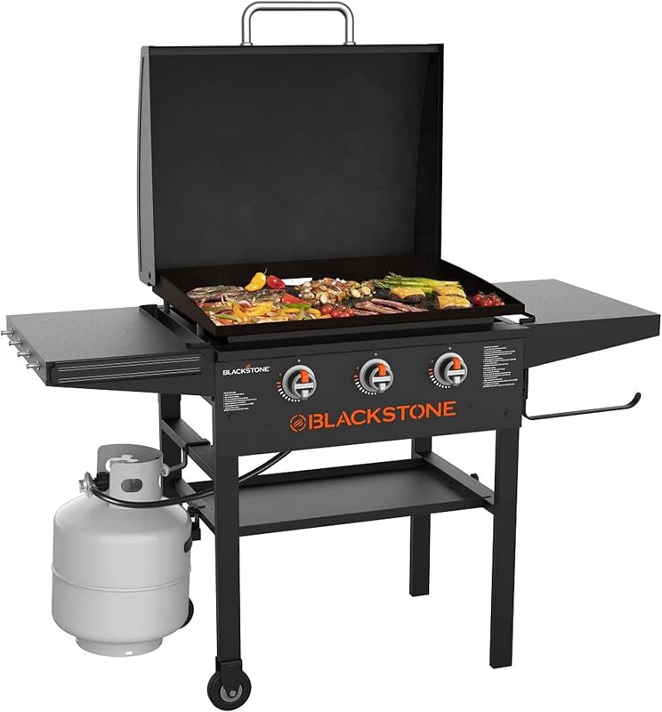 Plancha Blackstone 2080 original de 28 pulgadas, plancha XL de 3 quemadores con capota y estantes laterales, parrilla superior plana para exteriores